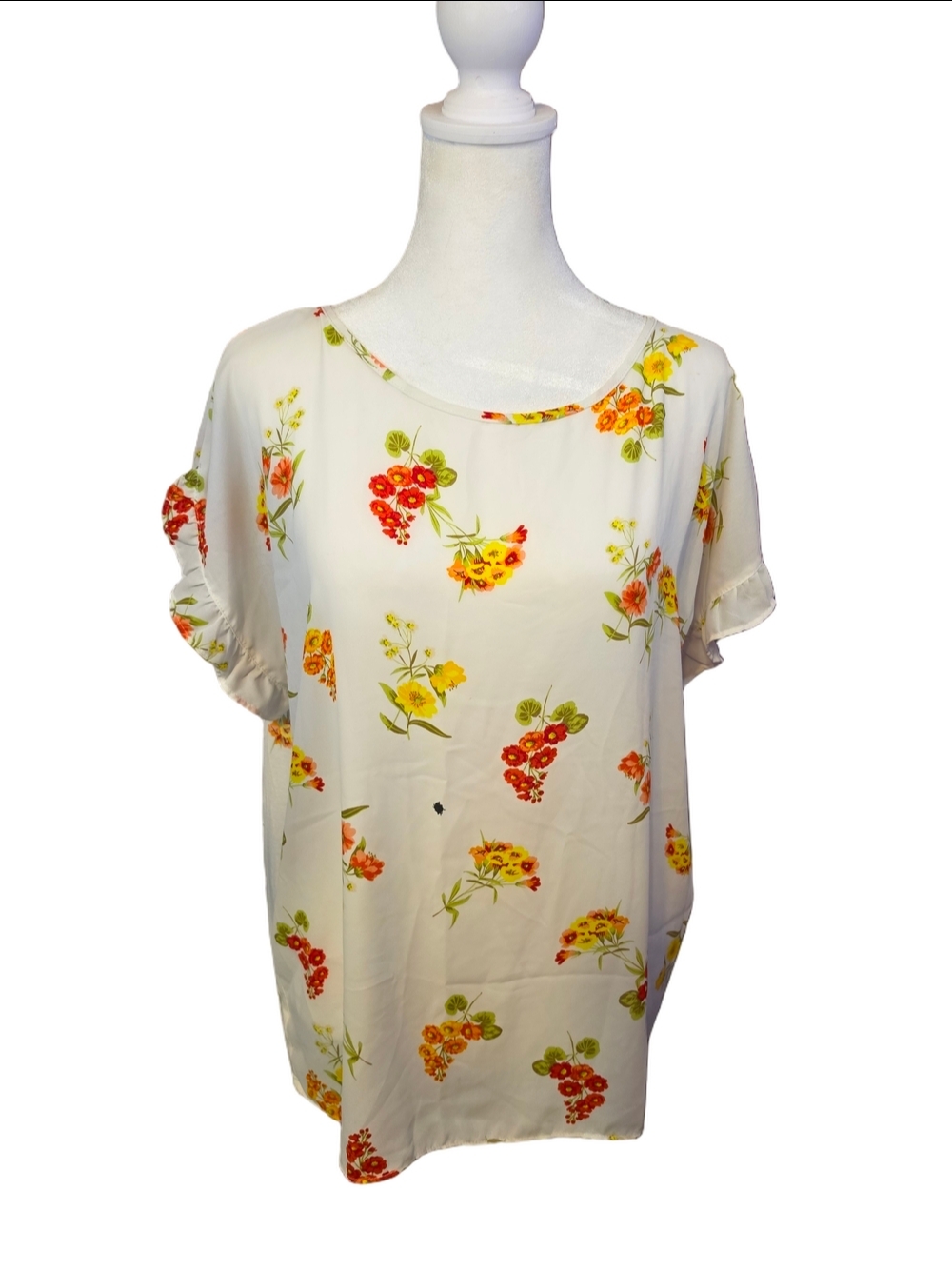 LOFT White Yellow Red Floral Semi Sheer Ruffled Blouse Size Large Petite